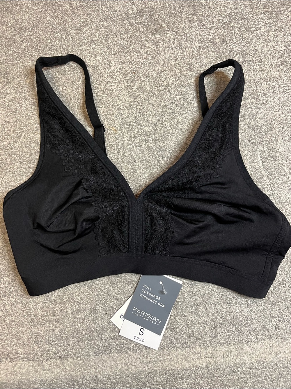Parisian‎ NWT Black Full Coverage Lace-Trim Wirefree Bra sexy lingerie comfy